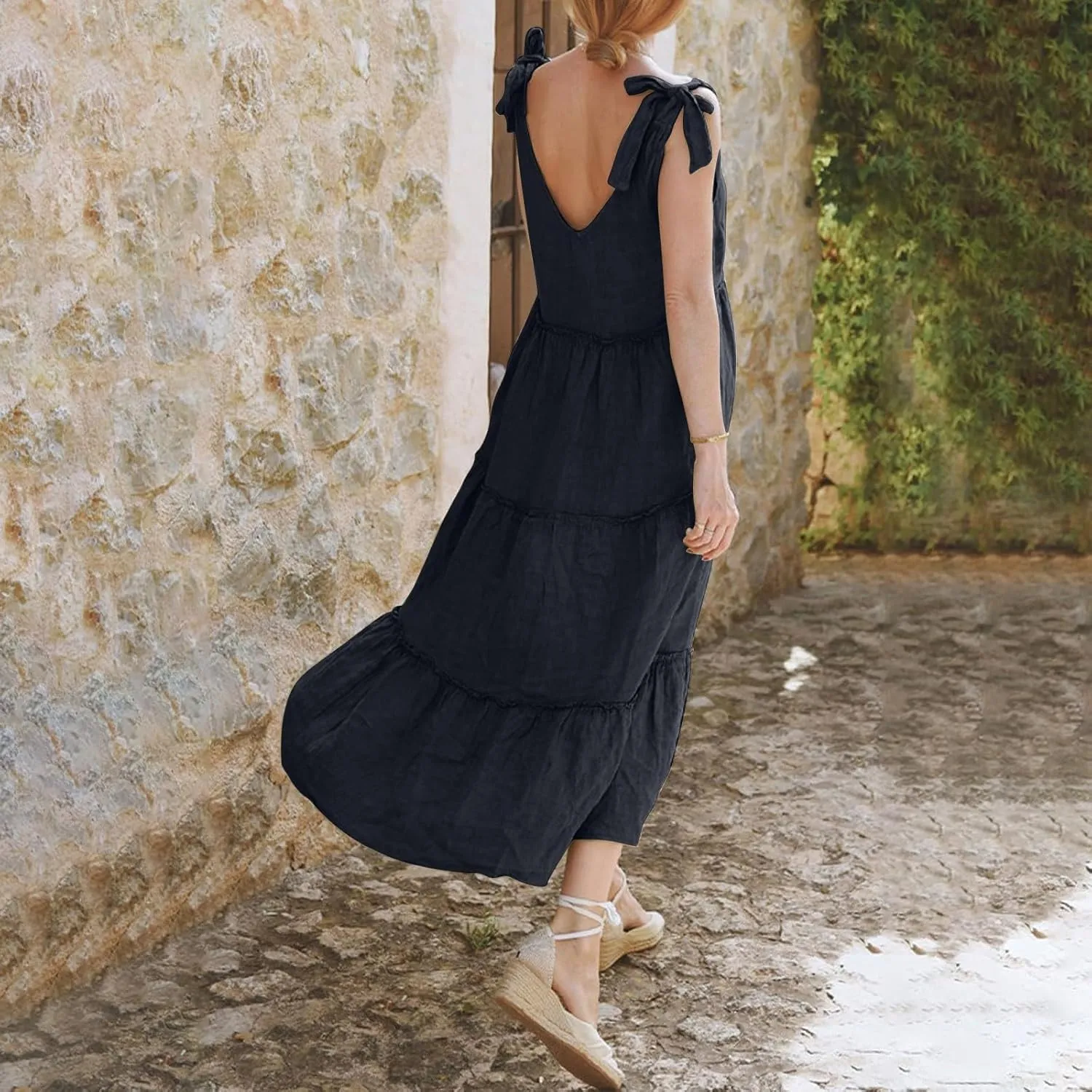 Flowy Linen Dress Women Beach Vacation Maxi Dresses Sundress Trendy Casual Sleeveless Tiered Dress Summer 2025