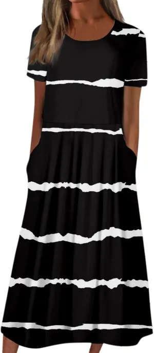 Formal Plus Size Summer Midi Dress Trendy Short Sleeve Smocked Swing 4Th of July Dress Casual Vintage Floral Dress