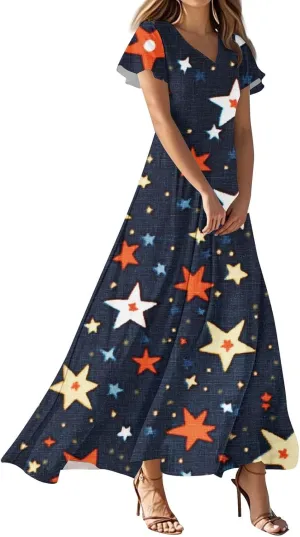 Forth of July Dress for Women Flowy Chiffon Ruffle Cruise Stars and Stripes Floral Summer Sun Dresses V Neck Vacation Outfits