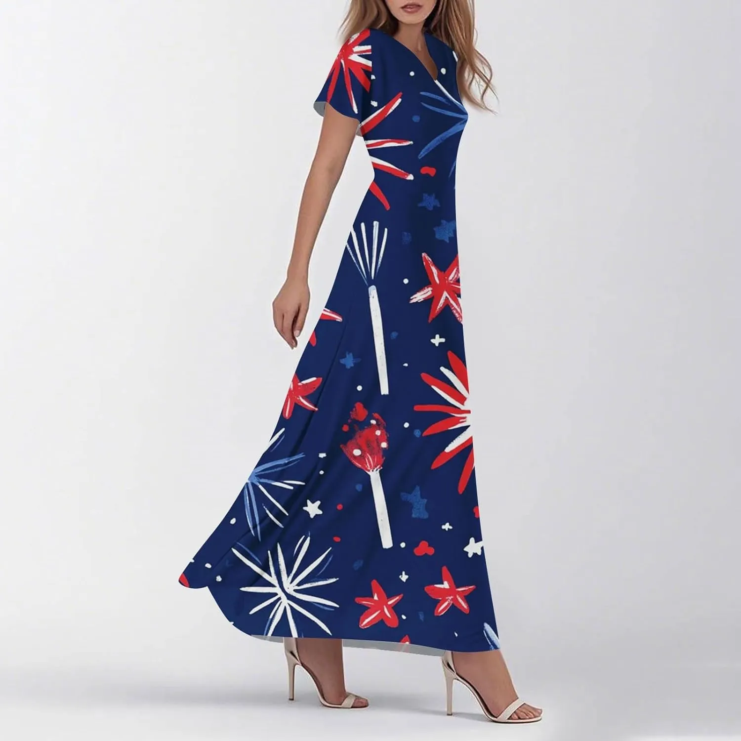 Forth of July Dress for Women Flowy Chiffon Ruffle Cruise Stars and Stripes Floral Summer Sun Dresses V Neck Vacation Outfits
