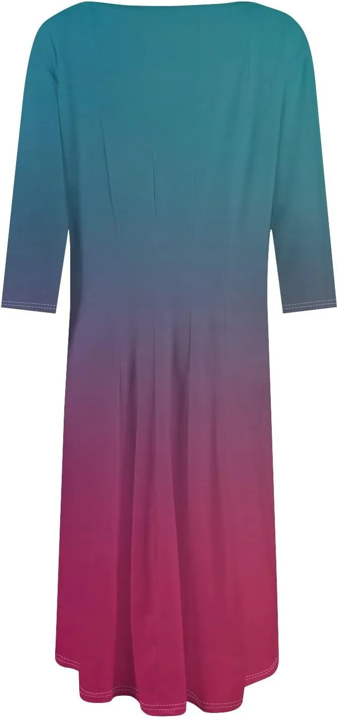 FQZWONG Spring Dresses for Women 2025 3/4 Sleeve Summer Sundresses Trendy Crew Neck Vacation Beach Midi Dress with Pockets