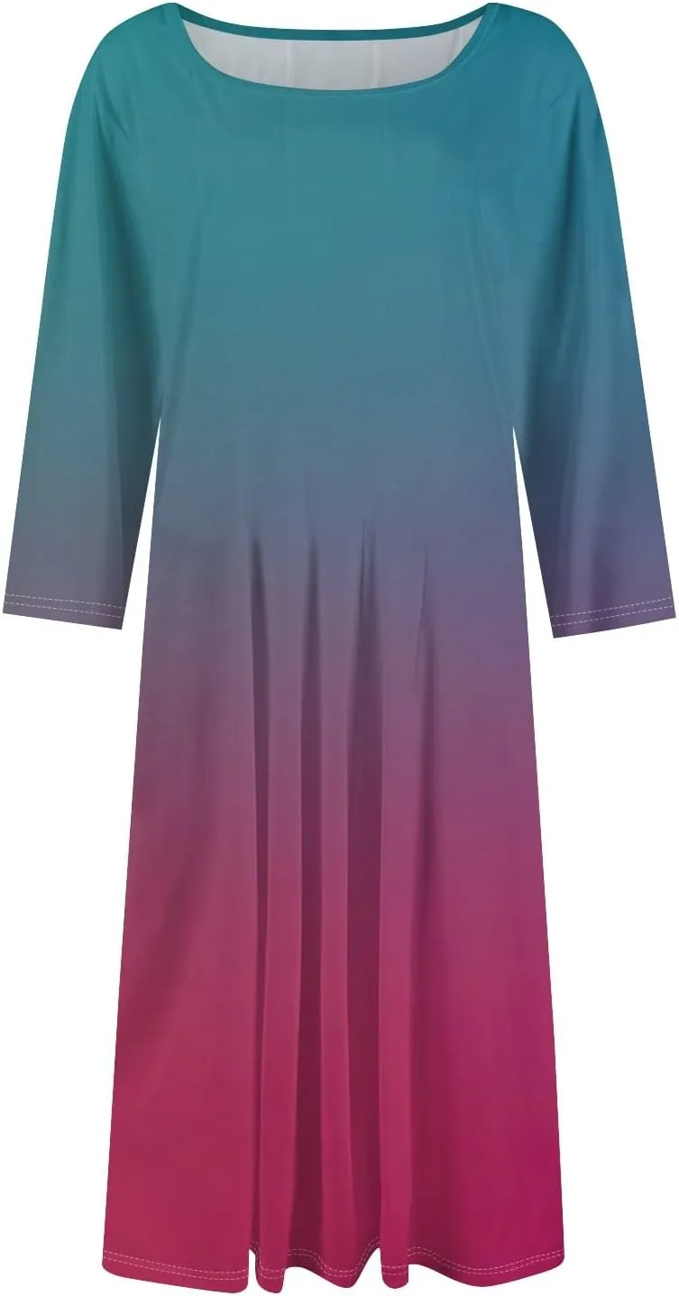 FQZWONG Spring Dresses for Women 2025 3/4 Sleeve Summer Sundresses Trendy Crew Neck Vacation Beach Midi Dress with Pockets