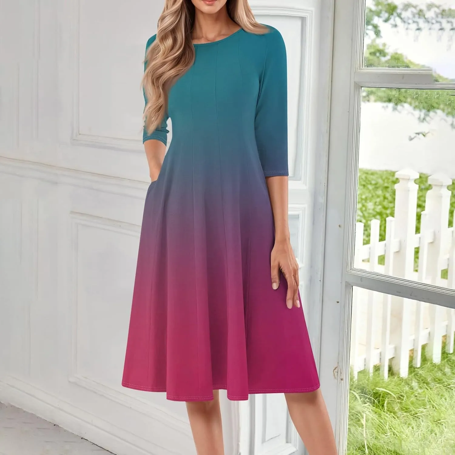 FQZWONG Spring Dresses for Women 2025 3/4 Sleeve Summer Sundresses Trendy Crew Neck Vacation Beach Midi Dress with Pockets