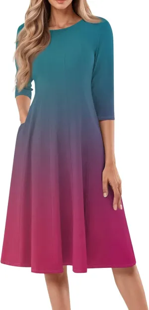 FQZWONG Spring Dresses for Women 2025 3/4 Sleeve Summer Sundresses Trendy Crew Neck Vacation Beach Midi Dress with Pockets