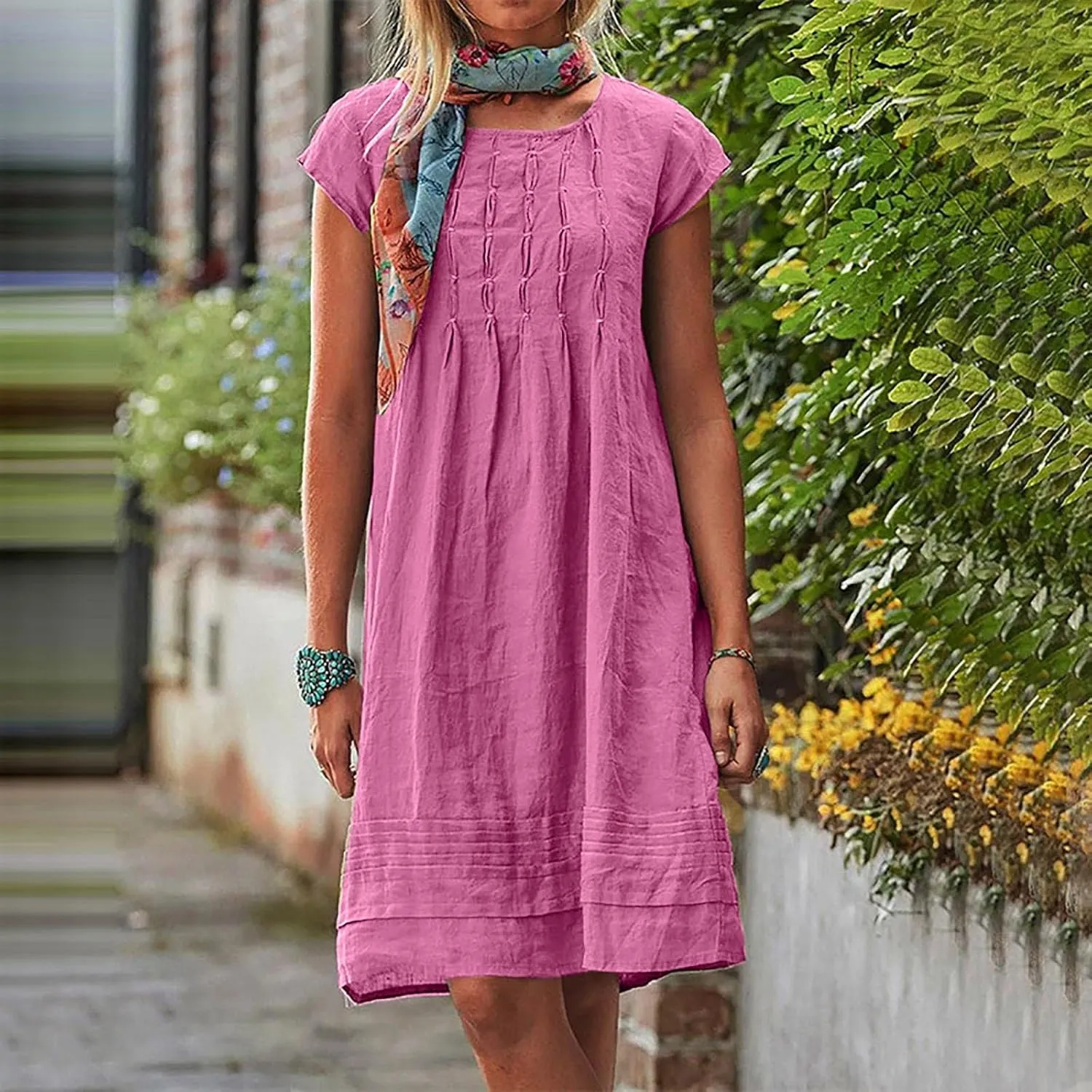 FZYLQY Women's Cotton Linen Midi Dresses Plus Size Cap Sleeve Pleated Summer Dress Vacation 2025 Crew Neck Casual Dress