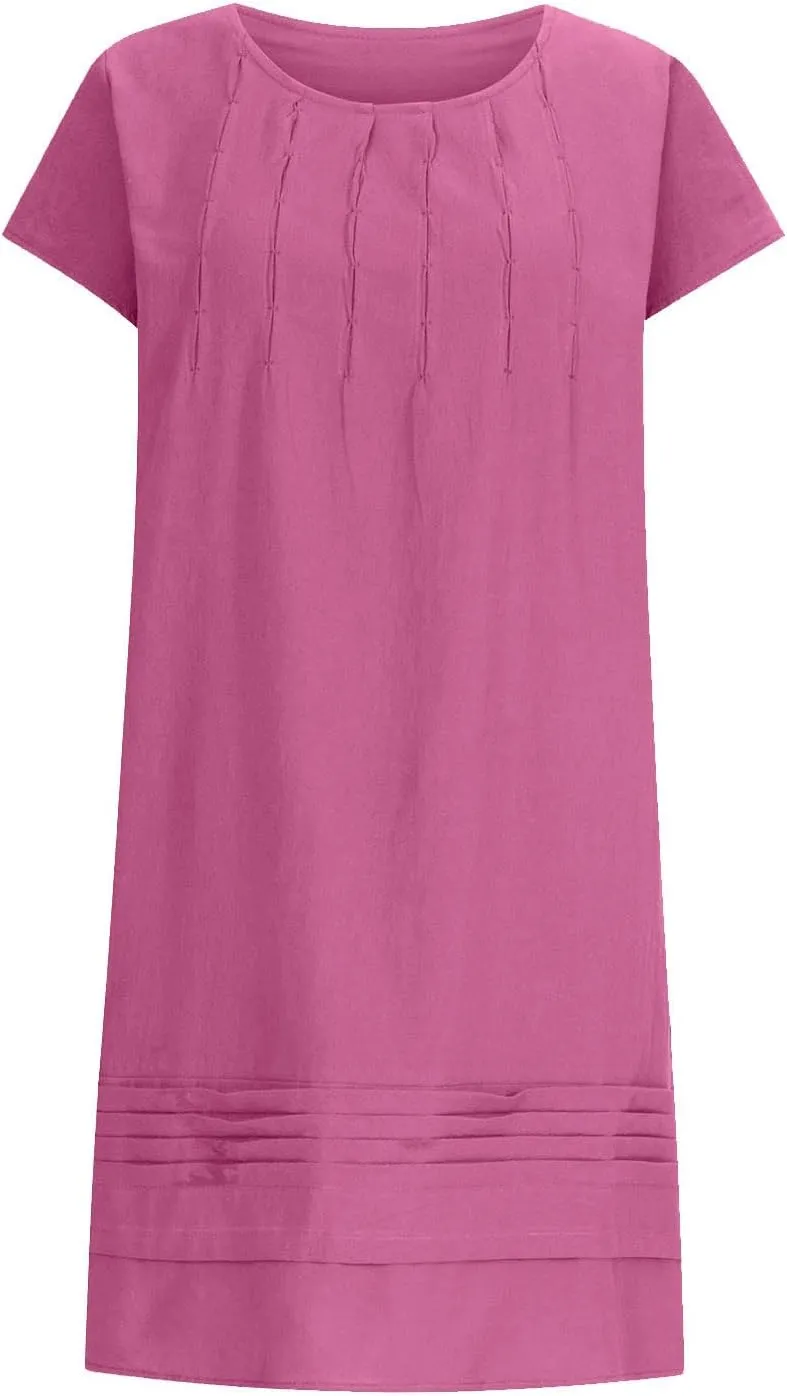 FZYLQY Women's Cotton Linen Midi Dresses Plus Size Cap Sleeve Pleated Summer Dress Vacation 2025 Crew Neck Casual Dress