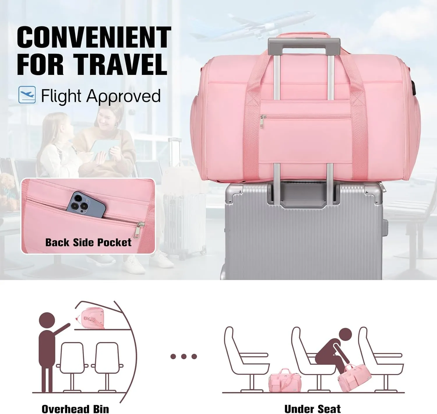 Garment Bags for Travel, 2 in 1 Convertible Carry On Duffle Bag Suit Bags Foldable Backpacks with Shoe Compartment & Toiletry Bag, Hanging Bags for Clothes Dress Suit for Men Women Gift (Pink)
