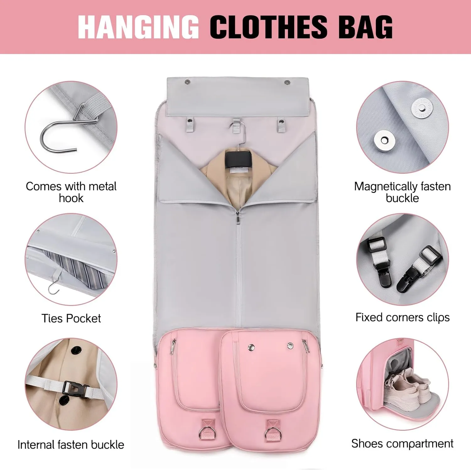 Garment Bags for Travel, 2 in 1 Convertible Carry On Duffle Bag Suit Bags Foldable Backpacks with Shoe Compartment & Toiletry Bag, Hanging Bags for Clothes Dress Suit for Men Women Gift (Pink)