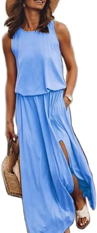 Geleglaer Womens Summer Beach Dresses Crewneck Casual Boho Maxi Dresses Sleeveless Hem Split Tank Sun Dress with Pockets