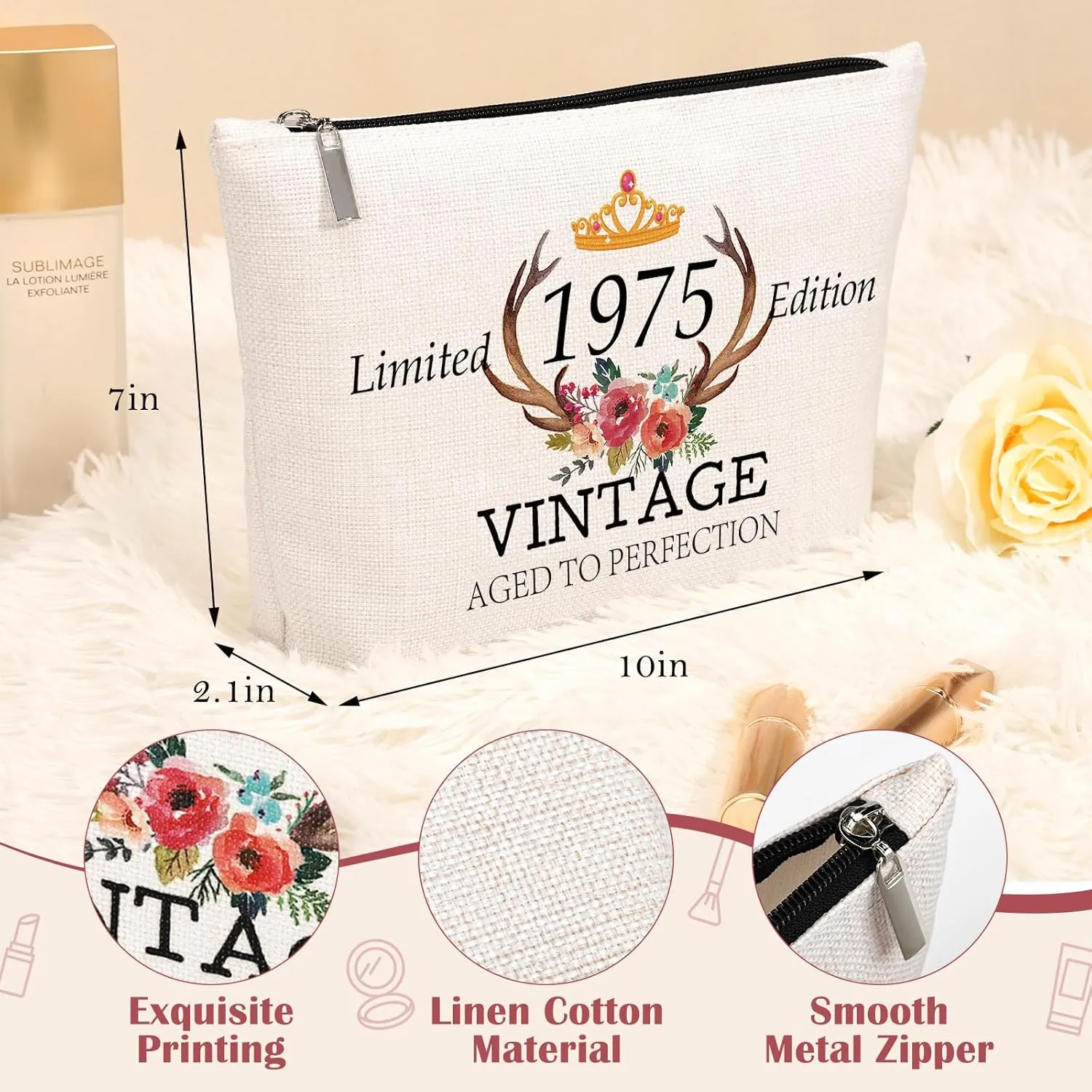 GevGuxLuo 50th Birthday Gifts for Women Makeup Bag, 50 Years Old Birthday Gifts for Mom Grandma Wife Aunt Friends Her,Turning 50 Cosmetic Bags 1975 Anniversary Cosmetic Travel Bag