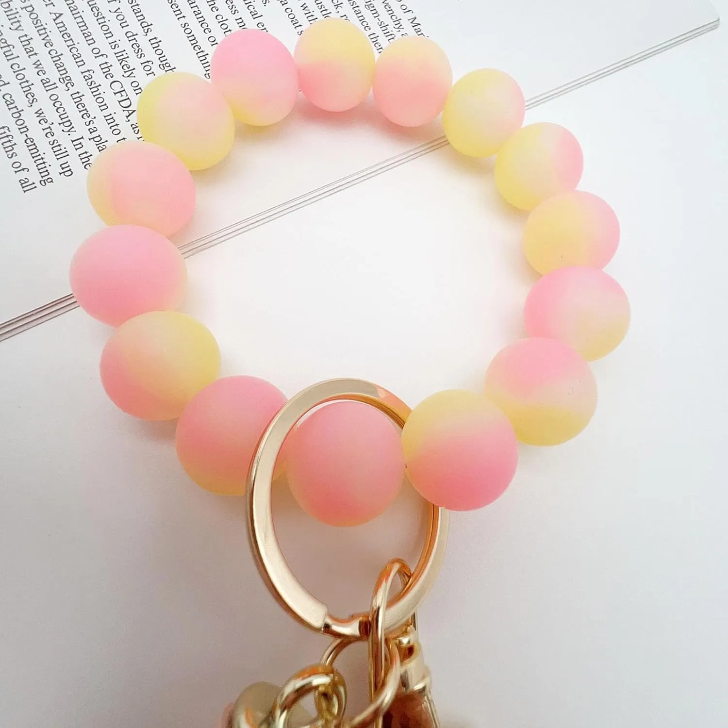 Glow in the Dark Bracelet Keychain for Women Beaded Bangle with Tassel Silicone Wristlet Wrist Key Chains Keyring