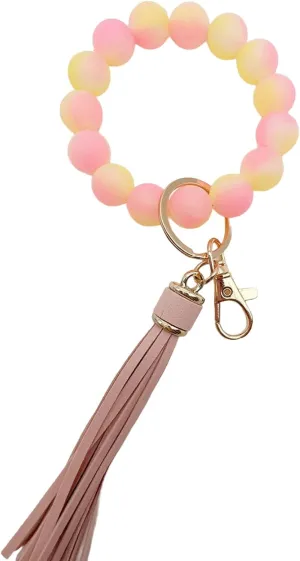 Glow in the Dark Bracelet Keychain for Women Beaded Bangle with Tassel Silicone Wristlet Wrist Key Chains Keyring