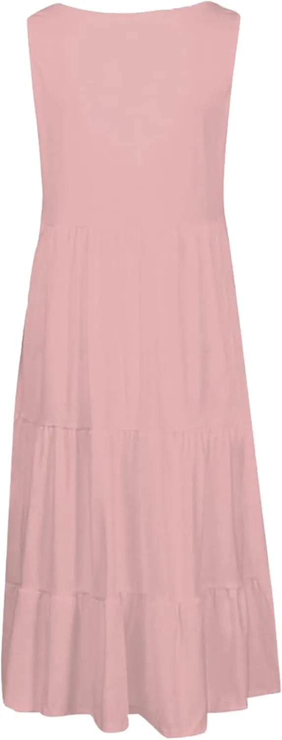 GRASWE Women's Summer Sleeveless Beach Dresses Loose Plain Plus Size Swing Sundress