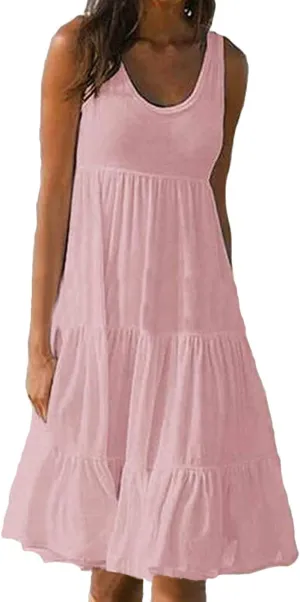 GRASWE Women's Summer Sleeveless Beach Dresses Loose Plain Plus Size Swing Sundress
