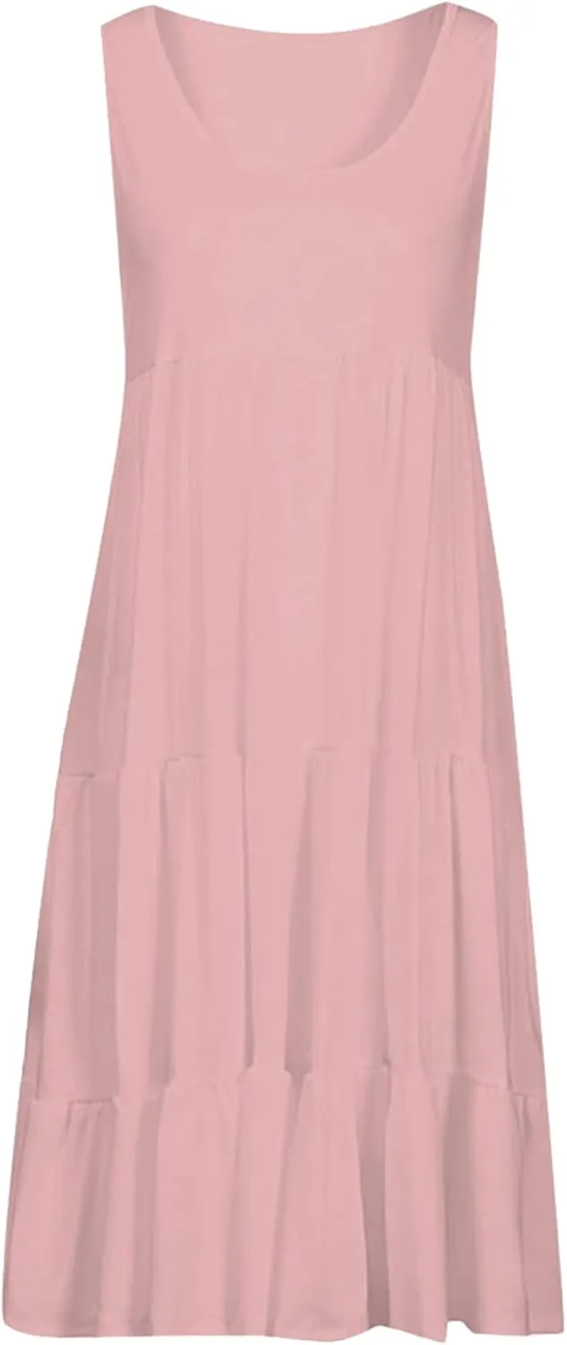 GRASWE Women's Summer Sleeveless Beach Dresses Loose Plain Plus Size Swing Sundress