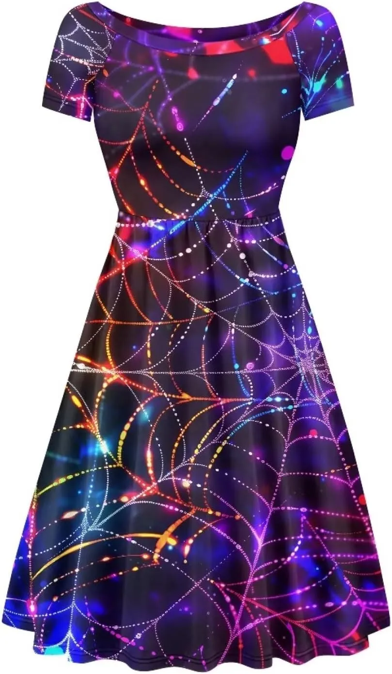 Halloween Flowy Knee Length Dress for Women Scoop Neck Short Sleeve Midi Dress Size XS-4XL