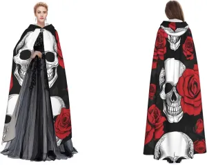 (Halloween Skull) Adult Full Length Hooded Cape Mystic Hooded Cloak For Halloween Party Christmas Cosplay Costume