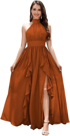 Halter Bridesmaid Dresses for Wedding with Slit Ruffle Ruched Chiffon Sleeveless Long Formal Evening Gowns