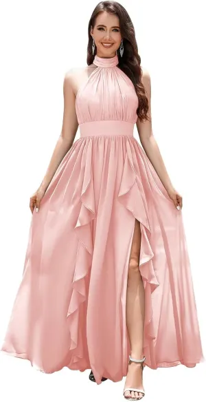 Halter Bridesmaid Dresses for Wedding with Slit Ruffle Ruched Chiffon Sleeveless Long Formal Evening Gowns