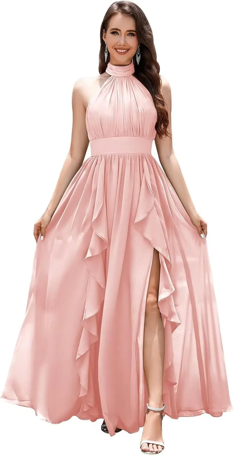 Halter Bridesmaid Dresses for Wedding with Slit Ruffle Ruched Chiffon Sleeveless Long Formal Evening Gowns