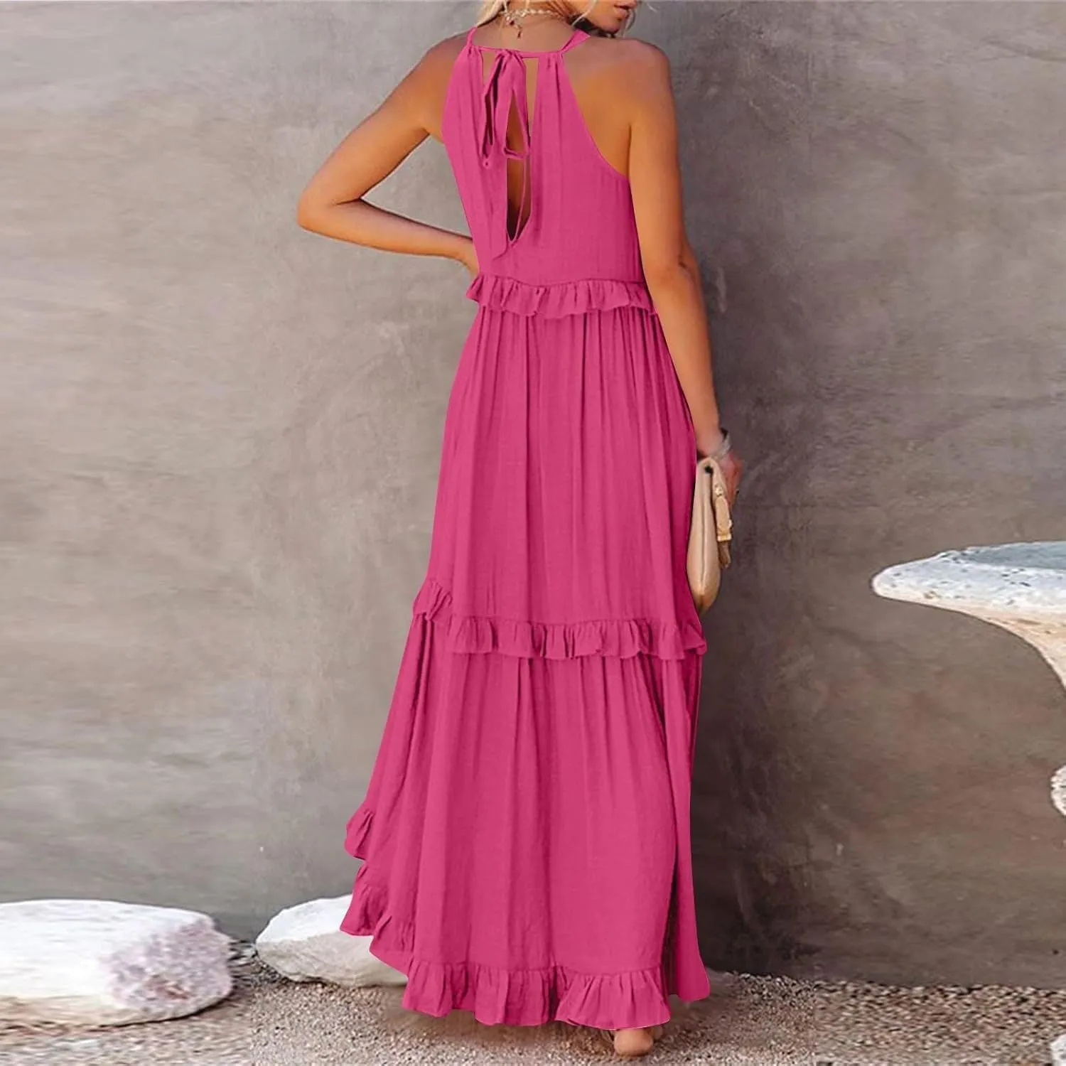 Halter Dresses for Women Flowy Tiered Ruffle Plus Size Summer Dresses Formal Beach Vacation Pleated Boho Maxi Dress