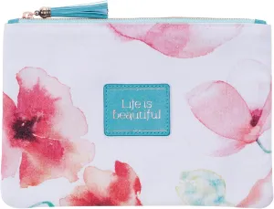 Heartfelt Multi Purpose Watercolor Canvas Zipped Travel Pouch Makeup Bag and Minimalist Organizer for Cosmetics, Supplies and Toiletries  Life is Beautiful, Coral Pink Poppies