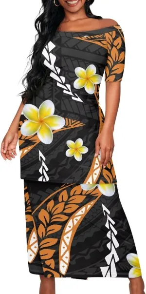 High Waist Midi Skirt Set Puletasi Polynesia Tribal Clothing Off Shoulder Long Dress 2Pcs Set Top Skirts Outfits