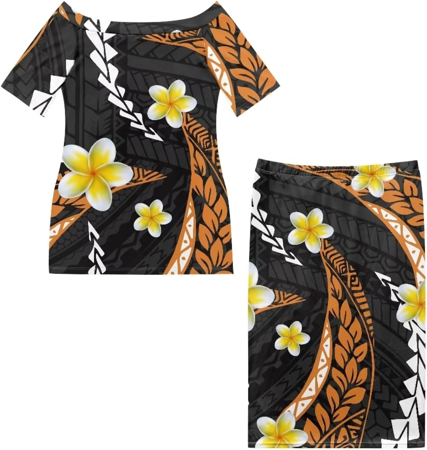 High Waist Midi Skirt Set Puletasi Polynesia Tribal Clothing Off Shoulder Long Dress 2Pcs Set Top Skirts Outfits