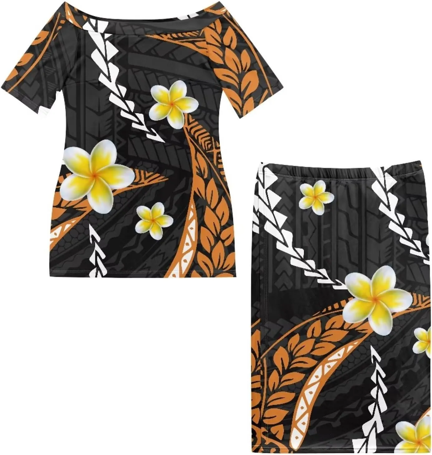 High Waist Midi Skirt Set Puletasi Polynesia Tribal Clothing Off Shoulder Long Dress 2Pcs Set Top Skirts Outfits
