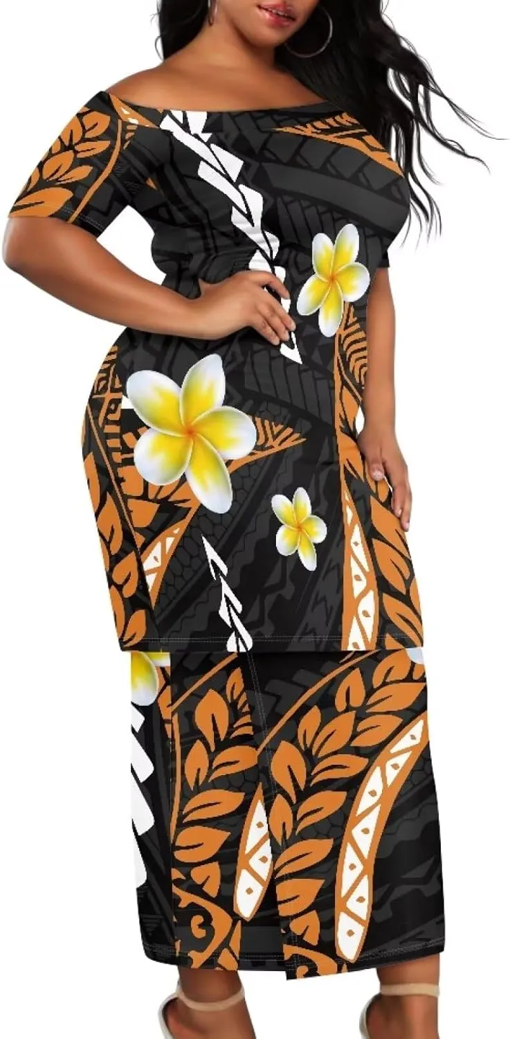High Waist Midi Skirt Set Puletasi Polynesia Tribal Clothing Off Shoulder Long Dress 2Pcs Set Top Skirts Outfits