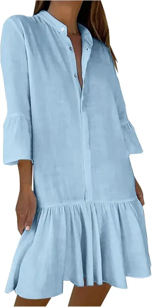hlysgo Short Dress for Women 2025 Summer Ruffled 3/4 Sleeve V Neck Button Up Mini Dresses Casual Cotton Linen Beach Dress
