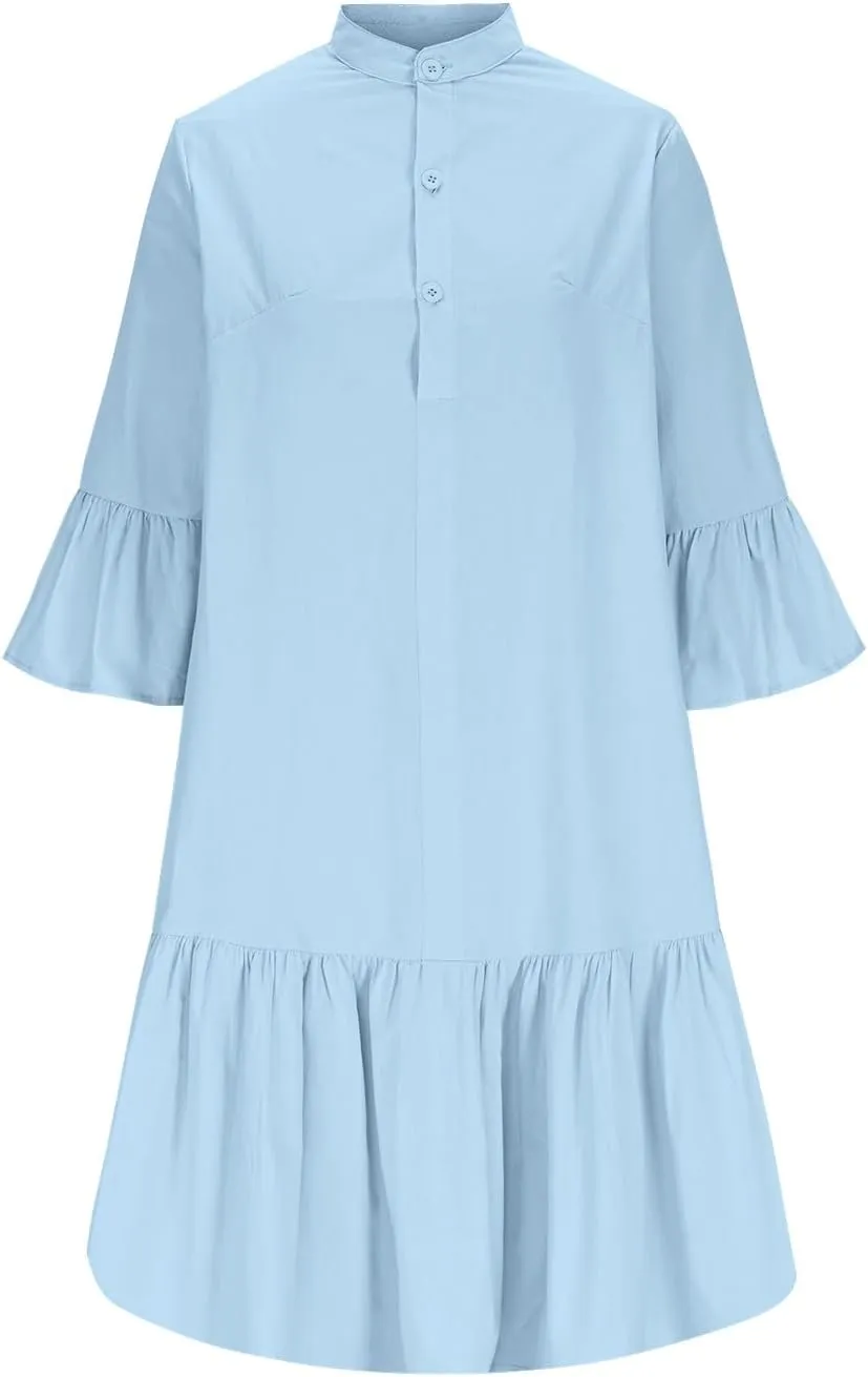 hlysgo Short Dress for Women 2025 Summer Ruffled 3/4 Sleeve V Neck Button Up Mini Dresses Casual Cotton Linen Beach Dress
