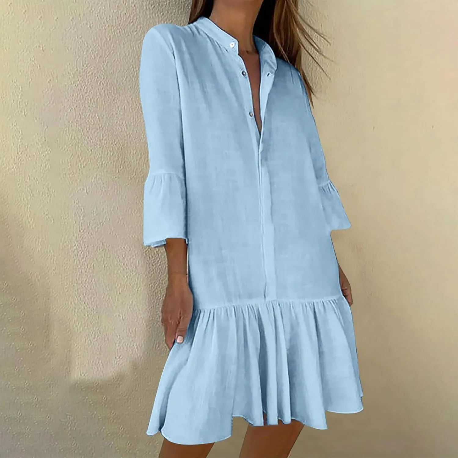 hlysgo Short Dress for Women 2025 Summer Ruffled 3/4 Sleeve V Neck Button Up Mini Dresses Casual Cotton Linen Beach Dress
