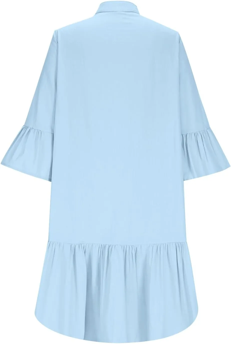 hlysgo Short Dress for Women 2025 Summer Ruffled 3/4 Sleeve V Neck Button Up Mini Dresses Casual Cotton Linen Beach Dress