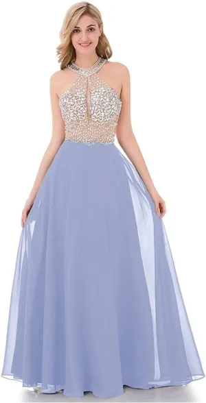 Honeydress Women's Beaded Halter Party Prom Dresses Long Chiffon Evening Gown Rhinestones Sleeveless