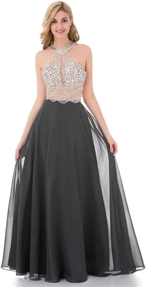 Honeydress Women's Beaded Halter Party Prom Dresses Long Chiffon Evening Gown Rhinestones Sleeveless