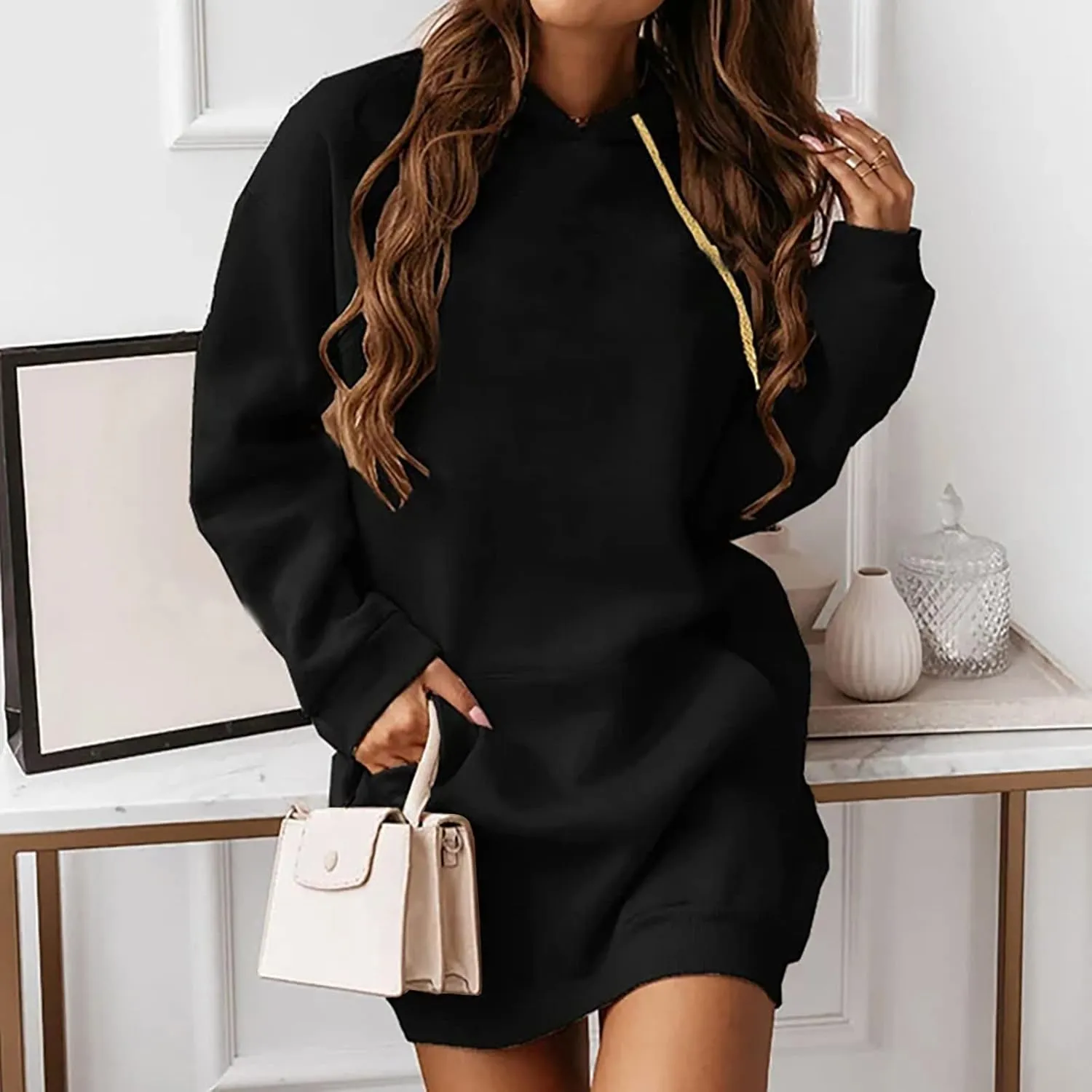 Hoodie Dress for Women Solid Colour Long Sleeve Pullover Tops with Pocket Oversized Casual Fashion Sweatshirt Dress