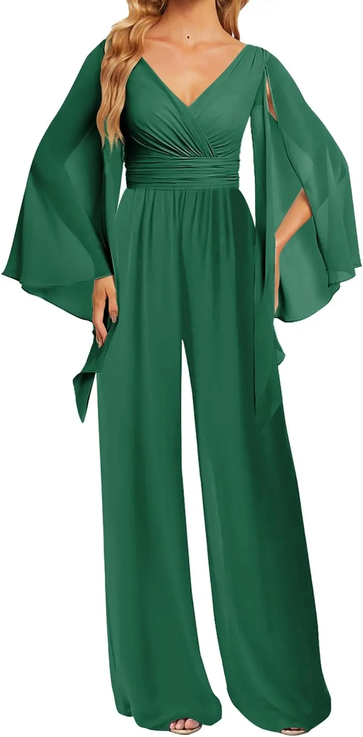 JAEDEN Bridesmaid Pantsuits Chiffon 2025 Jumpsuits - Formal Evening Gowns V Neck Long Sleeves
