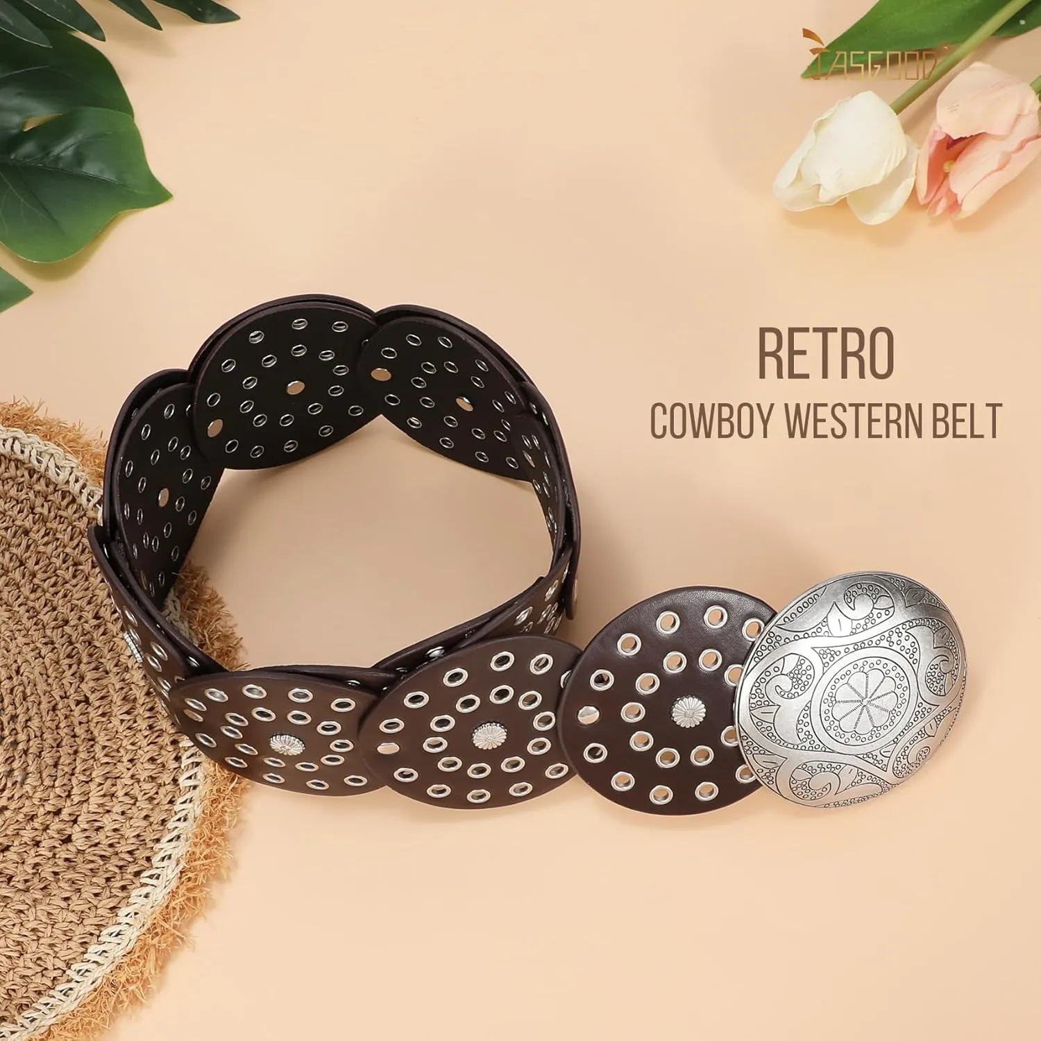 JASGOOD Western Belts for Women Wide Hollow Disc Leather Belt Cowgirl Waist Belt for Jeans Dresses with Metal Buckle