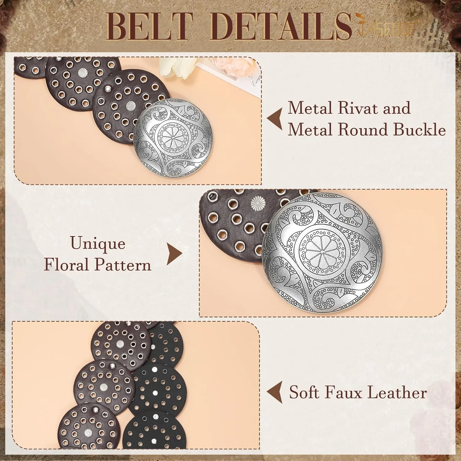 JASGOOD Western Belts for Women Wide Hollow Disc Leather Belt Cowgirl Waist Belt for Jeans Dresses with Metal Buckle