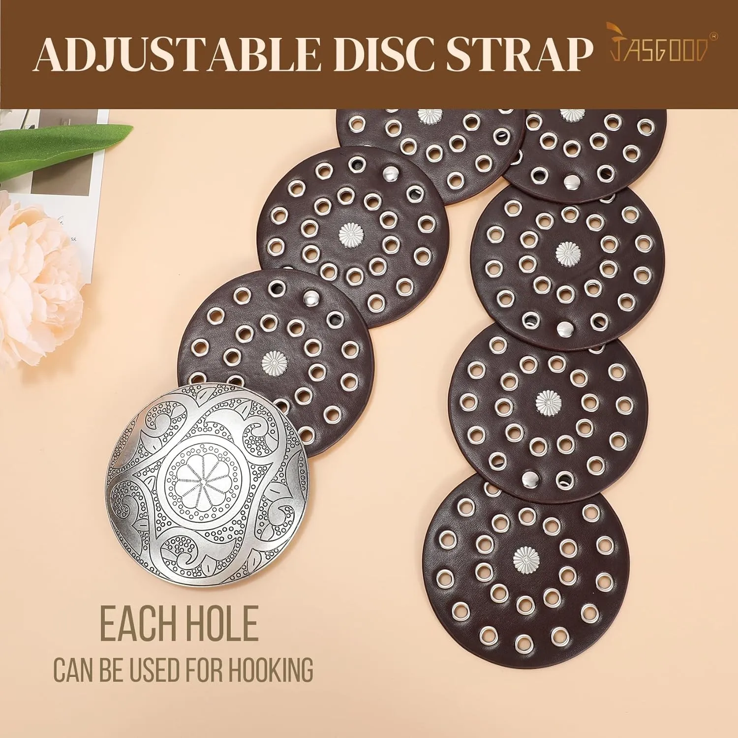 JASGOOD Western Belts for Women Wide Hollow Disc Leather Belt Cowgirl Waist Belt for Jeans Dresses with Metal Buckle