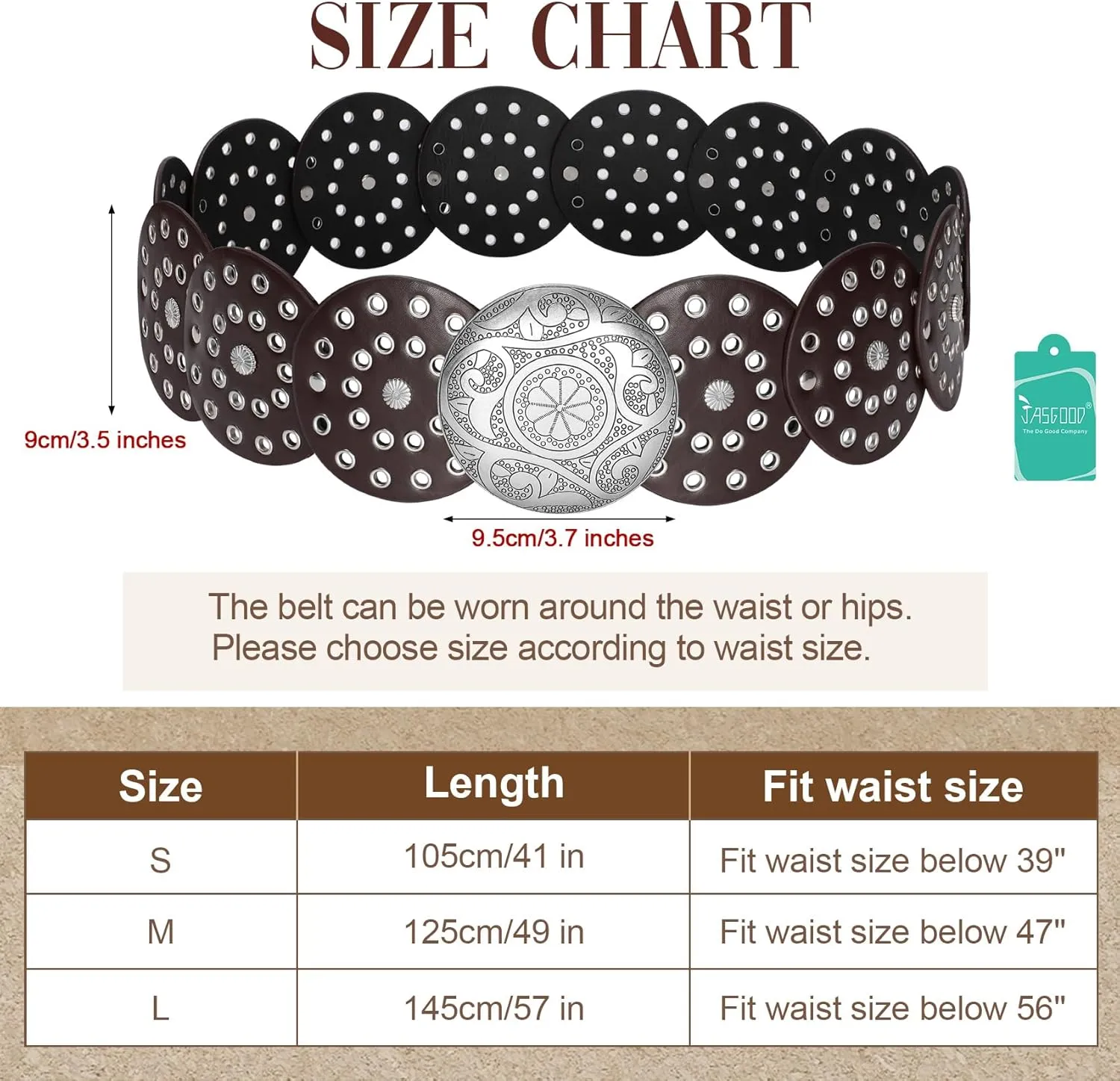 JASGOOD Western Belts for Women Wide Hollow Disc Leather Belt Cowgirl Waist Belt for Jeans Dresses with Metal Buckle