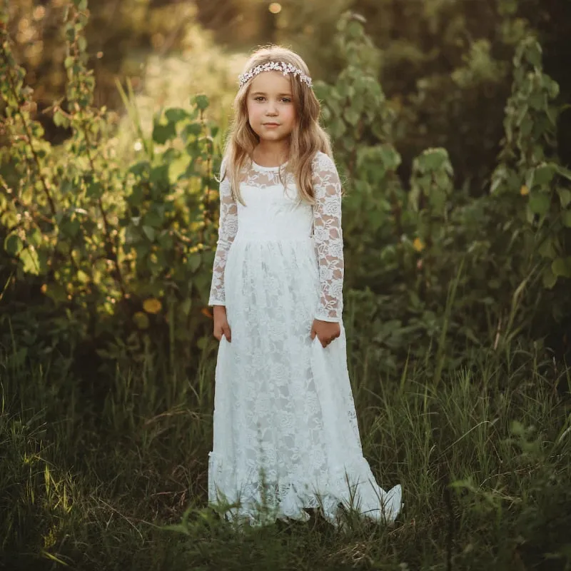 Jasmine - Christening Dresses Long Sleeve Baby Girl White Flower Girl Dresses