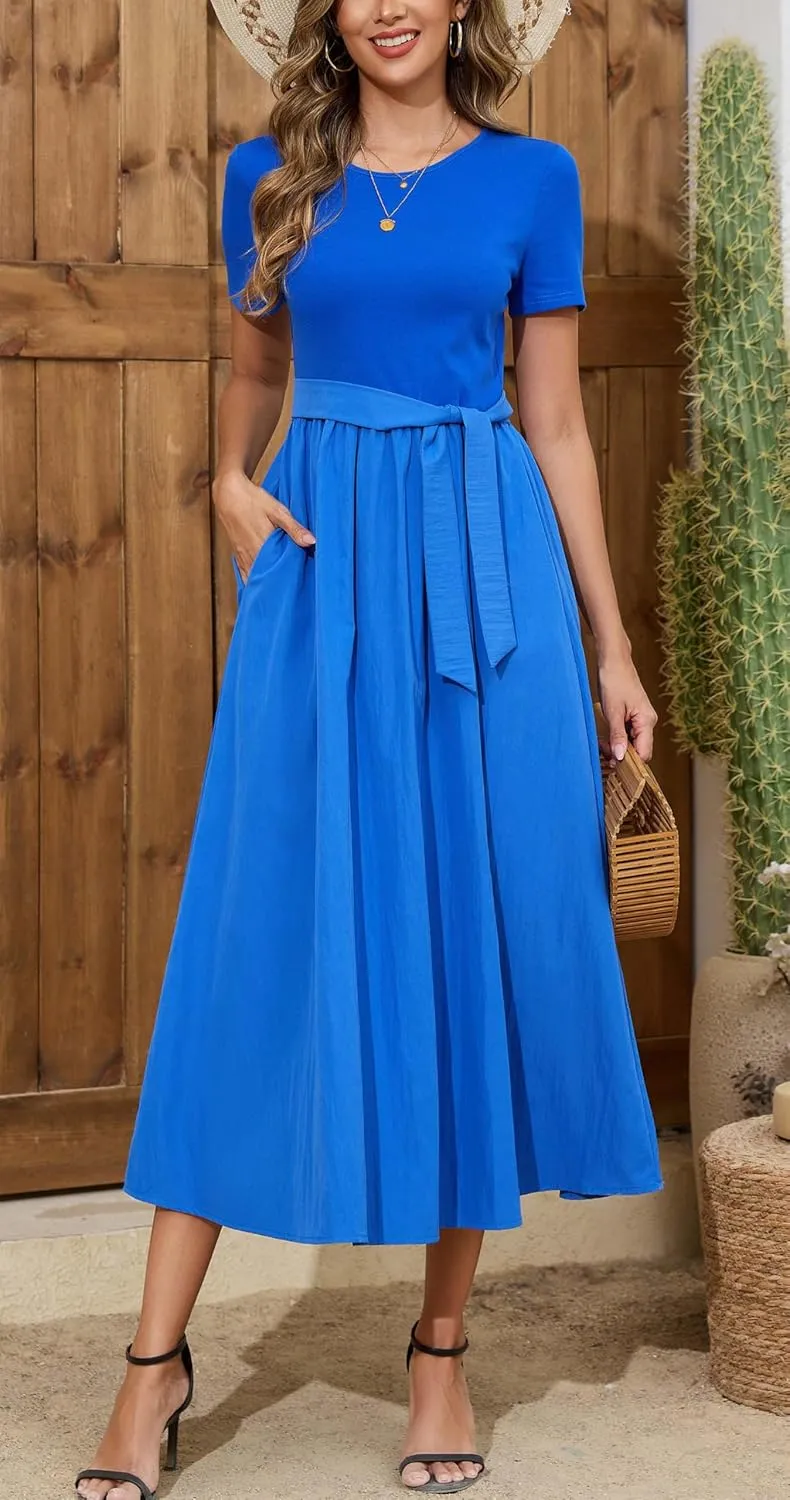 Kormei Women's Short Sleeve Maxi Dresses Casual Beach Party Long Flowy Dresses with Pockets