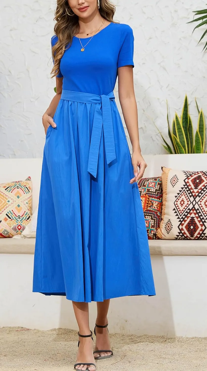 Kormei Women's Short Sleeve Maxi Dresses Casual Beach Party Long Flowy Dresses with Pockets