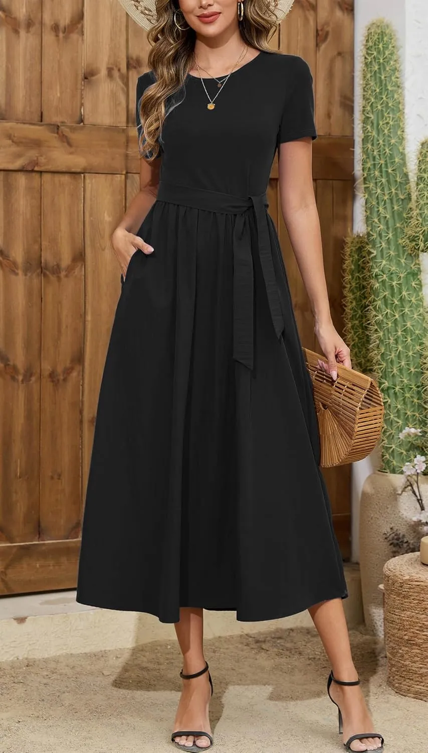 Kormei Women's Short Sleeve Maxi Dresses Casual Beach Party Long Flowy Dresses with Pockets