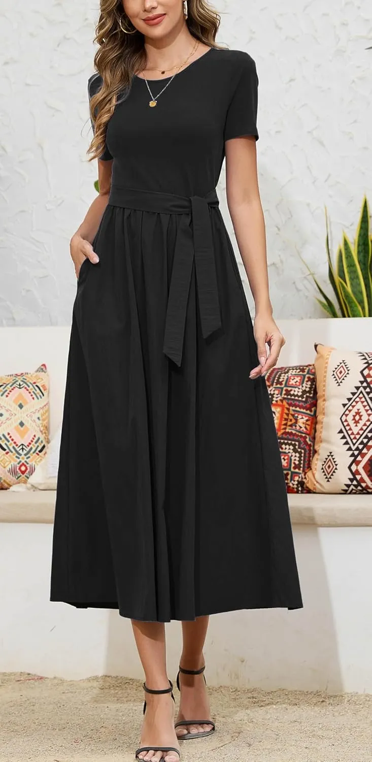 Kormei Women's Short Sleeve Maxi Dresses Casual Beach Party Long Flowy Dresses with Pockets