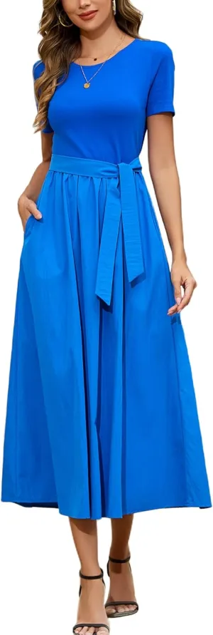 Kormei Women's Short Sleeve Maxi Dresses Casual Beach Party Long Flowy Dresses with Pockets