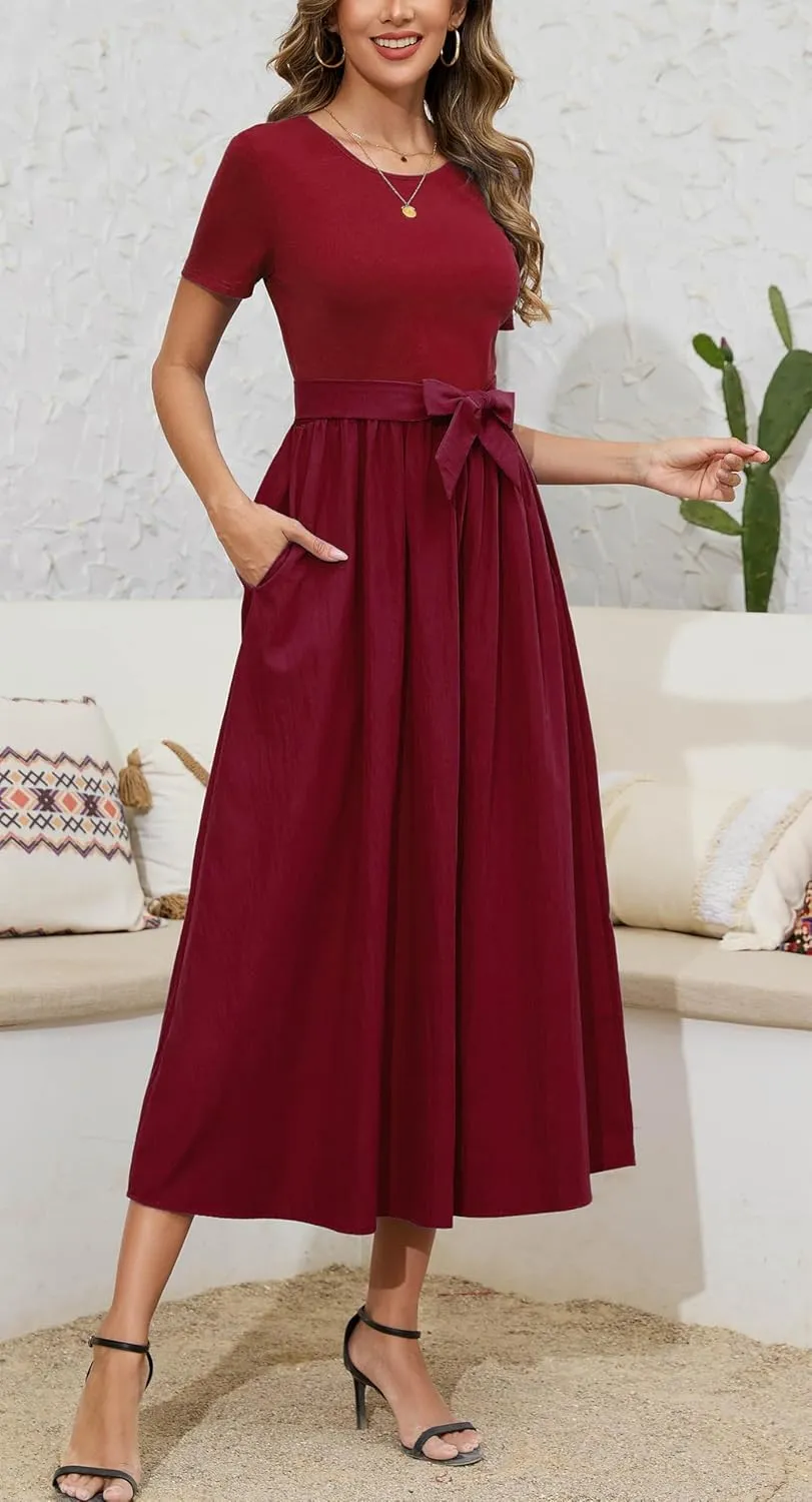 Kormei Women's Short Sleeve Maxi Dresses Casual Beach Party Long Flowy Dresses with Pockets
