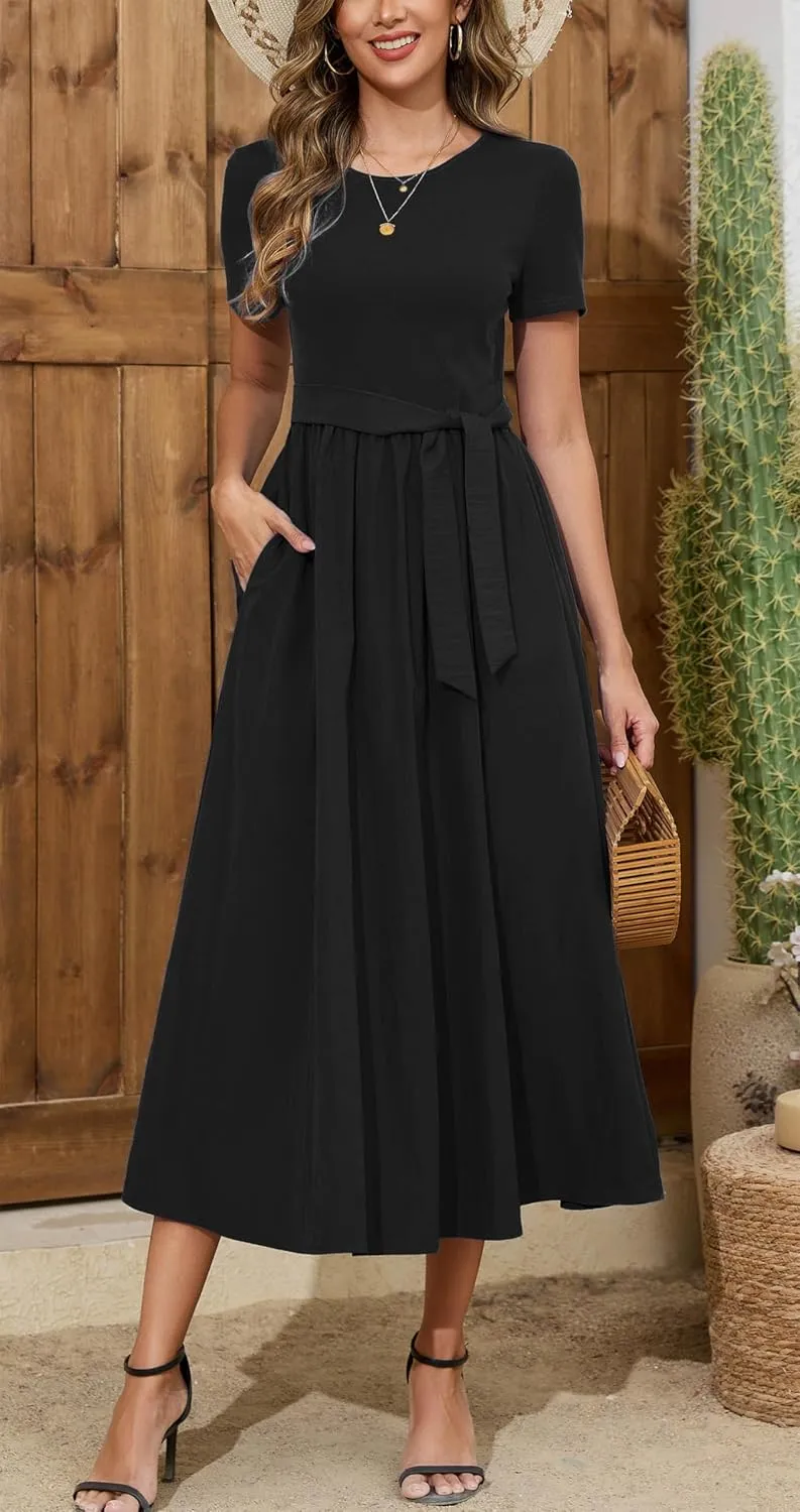 Kormei Women's Short Sleeve Maxi Dresses Casual Beach Party Long Flowy Dresses with Pockets